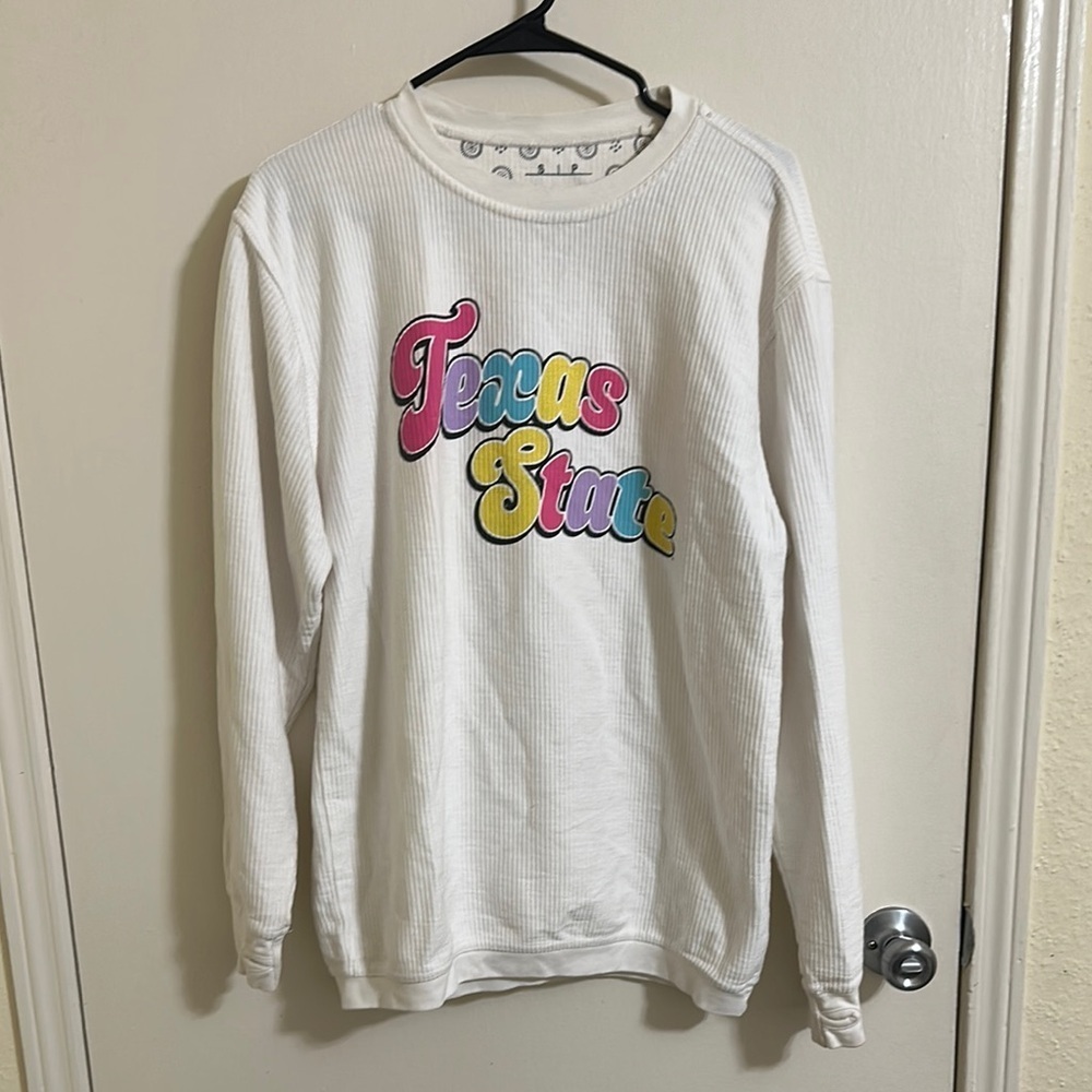 Texas State Oversized‎ White Ribber Crewneck Pullover Sweater